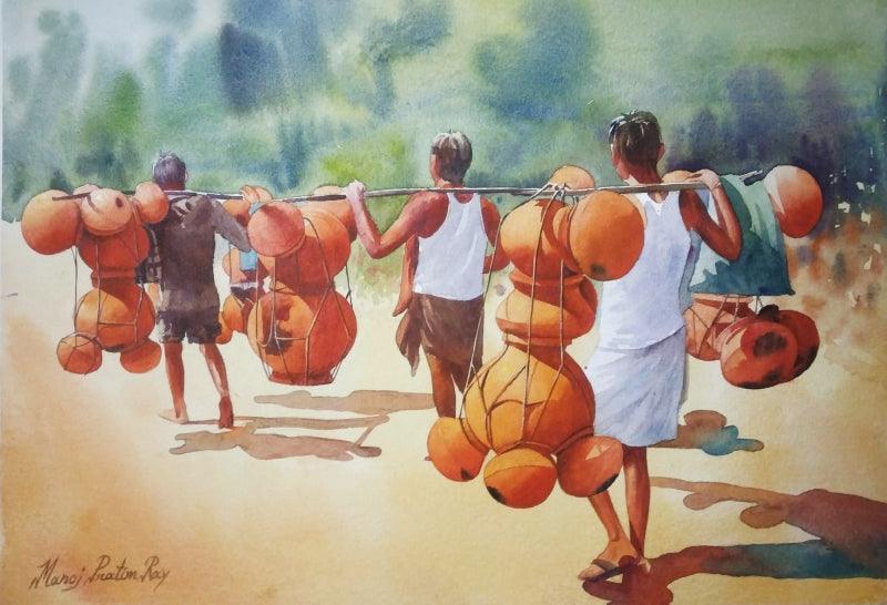 Figurative watercolor painting titled 'Village Life', 14x20 inches, by artist Manoj Pratim Ray on Paper