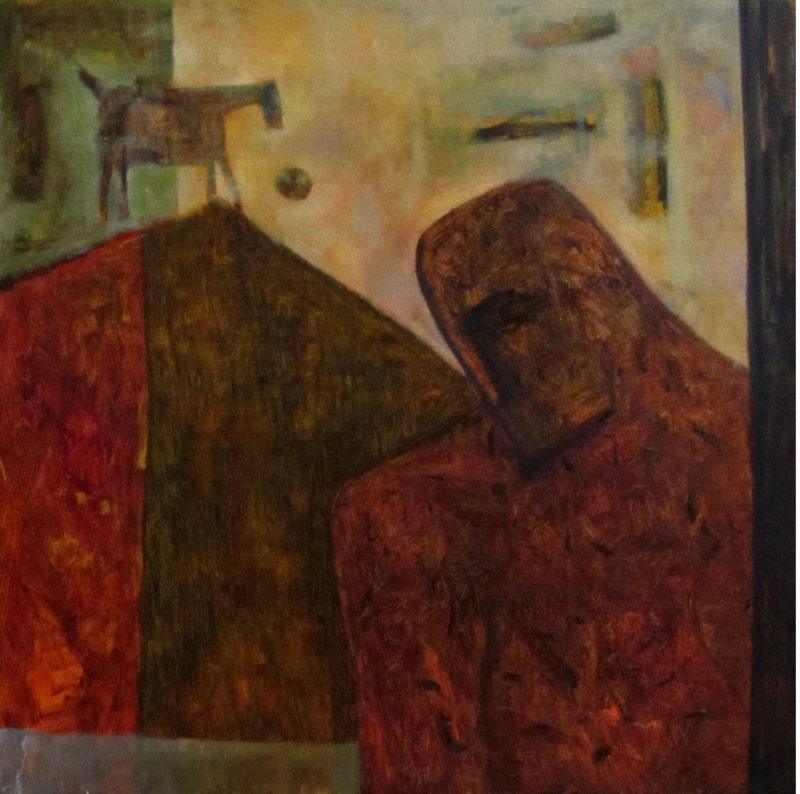 Animals oil painting titled 'VILLAGE MAN', 24x24 inches, by artist Umesh Bhoi on Canvas