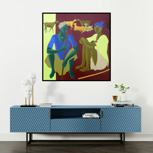 'Village Men' painting by Abhiram Bairu shown on a wall in a furnished room.