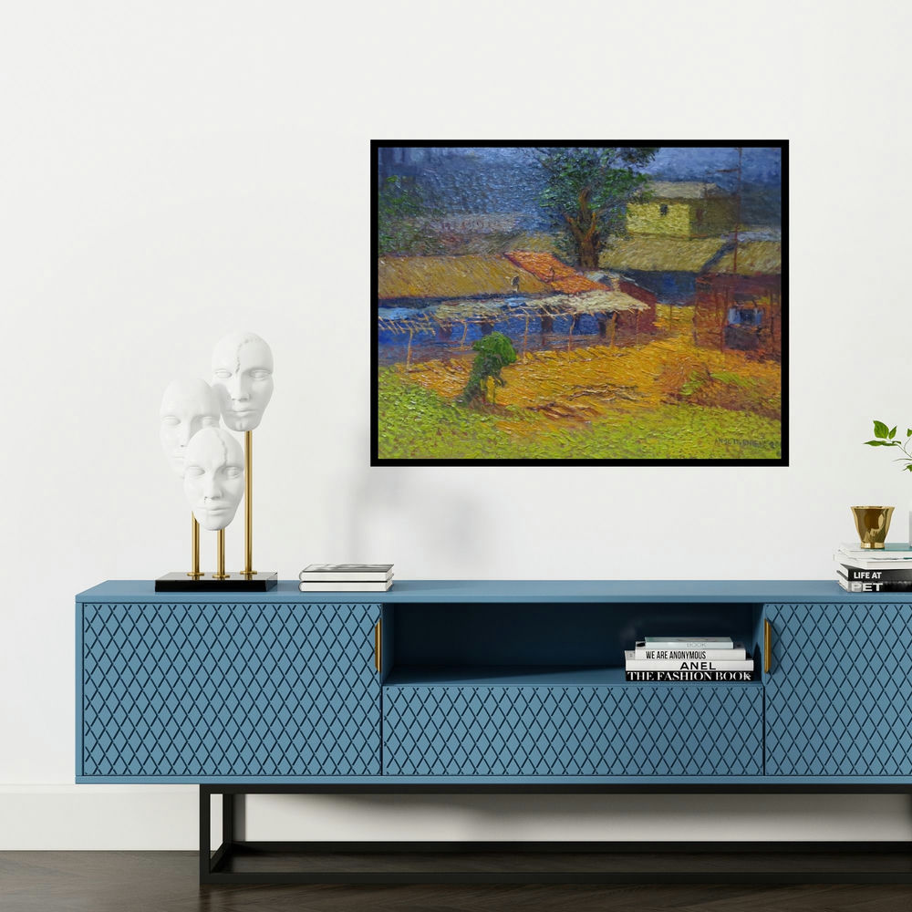 'Village Morning (Village Scene)' painting by Amol Dubhele shown on a wall in a furnished room.