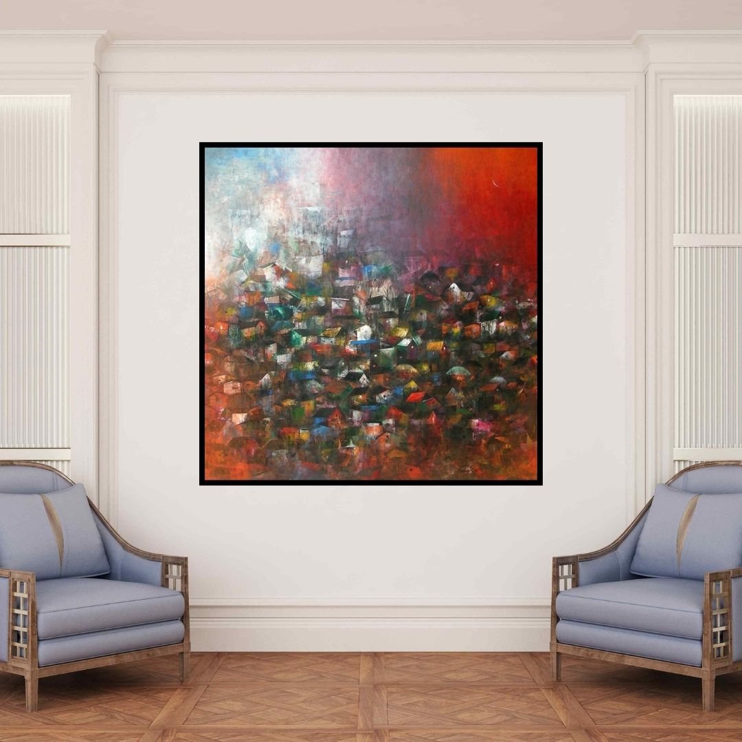 In-situ view of M Singh's 'Village Of My Dreams' painting in a room