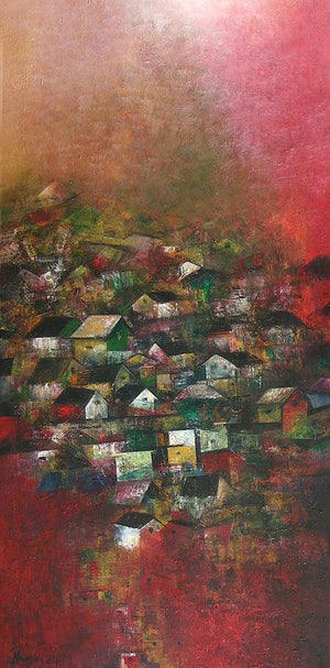 Village Of My Dreams 11 (Village of My Dreams) by M Singh, Original Acrylic Abstract Painting on Canvas, Medium Vertical Wall Art