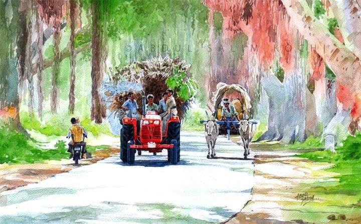 Landscape watercolor painting titled 'Village Path', 10x16 inches, by artist Abdul Salim on Paper