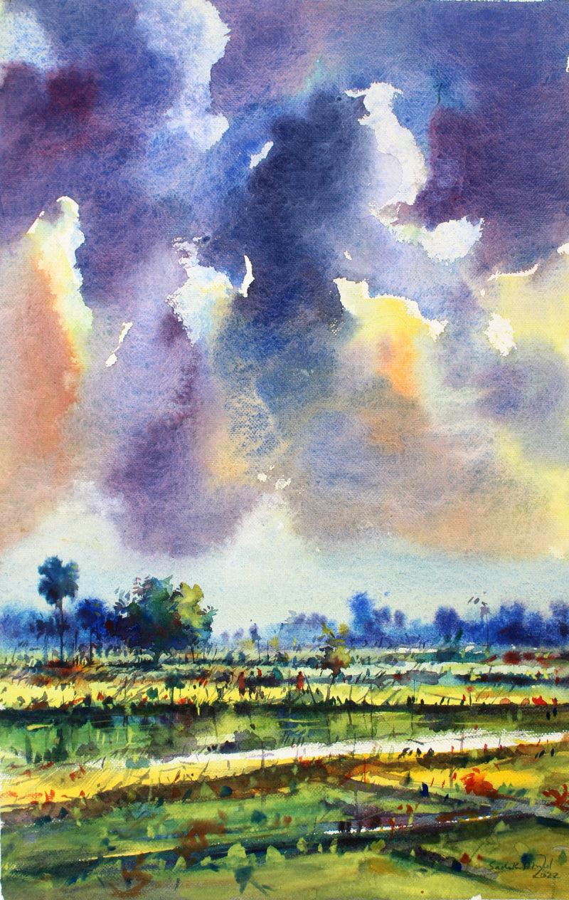 Landscape watercolor painting titled 'Village Road', 14x22 inches, by artist Sadek Ahmed on Paper