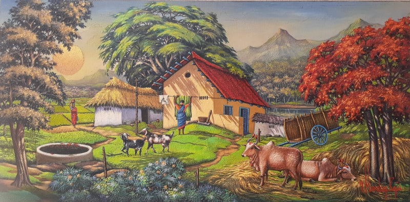 'Village Scene' landscape acrylic painting by artist Manohar Raja, 24x48 inch, on canvas