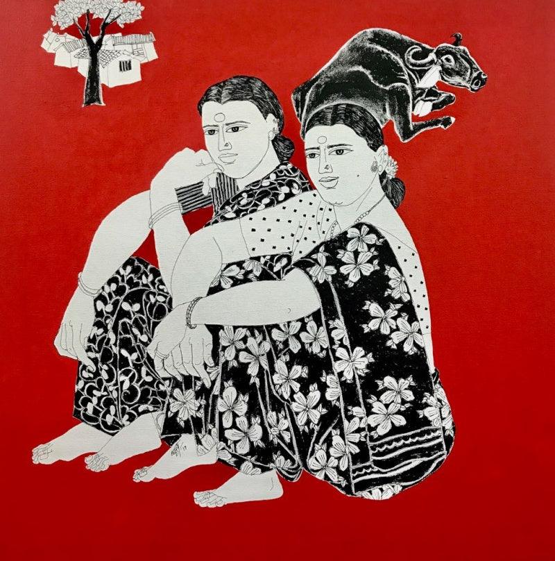 Figurative acrylic painting titled 'Village Scene 4', 24x24 inches, by artist Laxman Aelay on Canvas