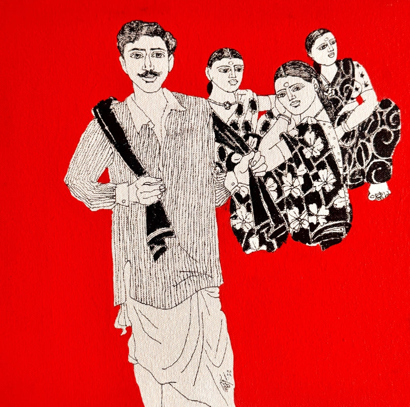 'Village Scene 50' figurative acrylic painting by artist Laxman Aelay, 12x12 inch, on canvas