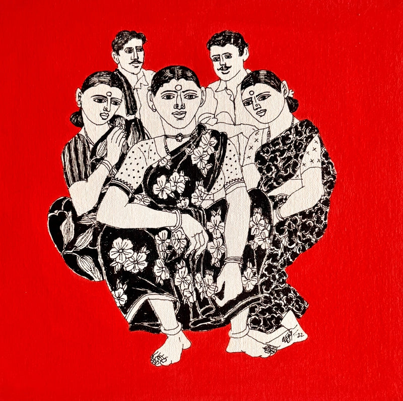 'Village Scene 54' figurative acrylic painting by artist Laxman Aelay, 12x12 inch, on canvas