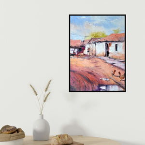 Amit Kapoor's 'Village Secnic' painting visualized above a sofa in a contemporary room.