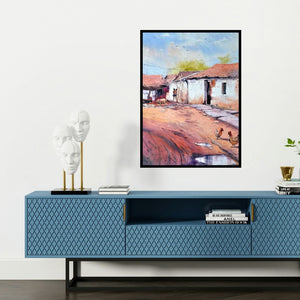 'Village Secnic' painting by Amit Kapoor shown on a wall in a furnished room.