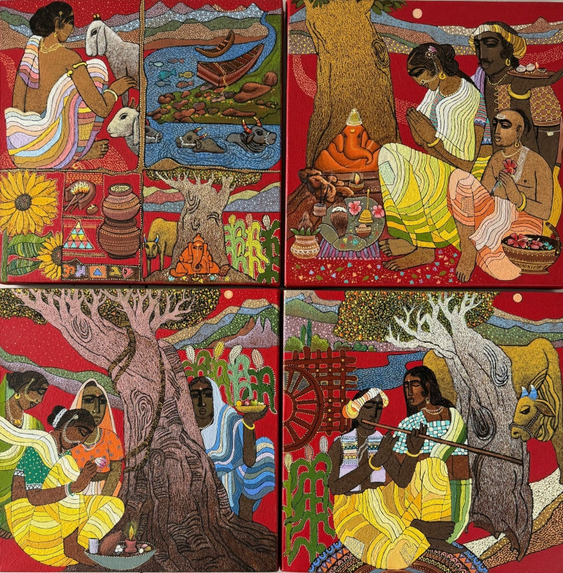 Village Series 1' figurative acrylic painting by artist Siddharth Shingade, 24x24 inch, on canvas