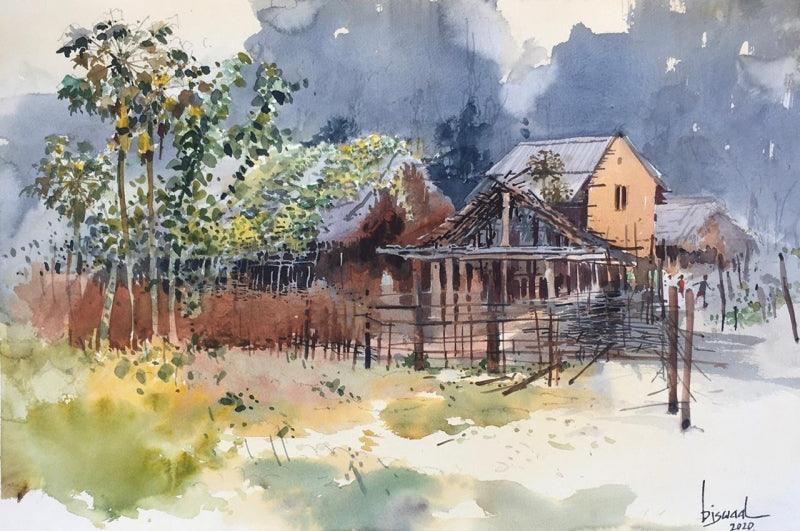 Landscape watercolor painting titled 'Village Series 3', 14x22 inches, by artist Bijay Biswaal on Paper