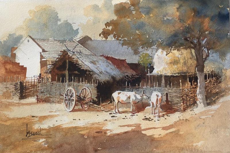 Landscape watercolor painting titled 'Village Series 6', 14x22 inches, by artist Bijay Biswaal on Paper
