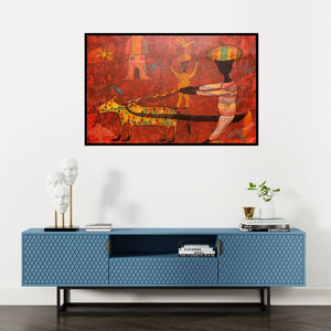 Preview of 'From Village To The Virtual World (A Rustic Scene)' Painting by Lakhan Singh Jat shown on a wall in a furnished room.