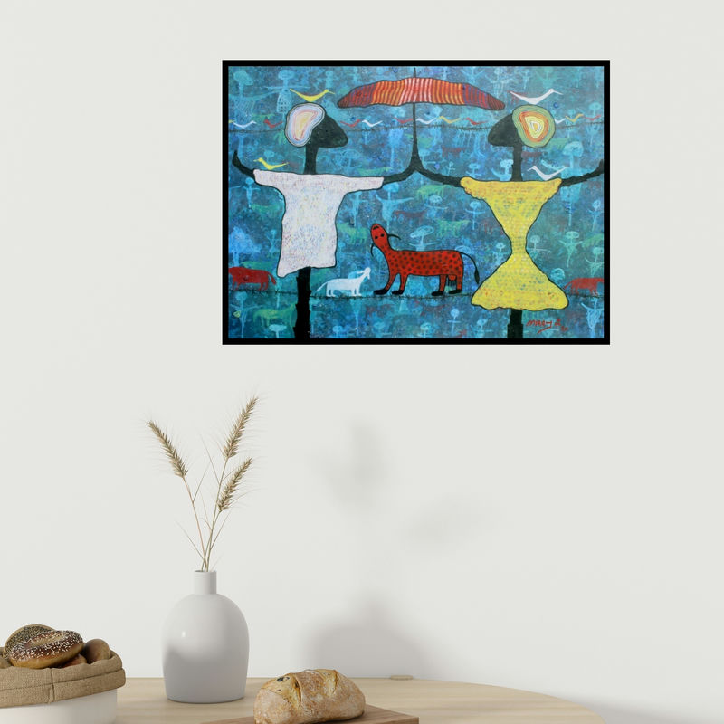 In-situ view of Lakhan Singh Jat's 'From Village To The Virtual World (Shared Shelter)' painting in a room