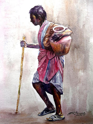 Village Women (A Grandmothers Embrace) by Srv Artist, Original Watercolor Figurative Painting on Handmade Paper, Small Vertical Wall Art