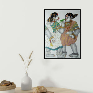 Bhawandla Narahari's 'Village Women With Parrot 1 (Two Women with Parrot)' painting visualized above a sofa in a contemporary room.