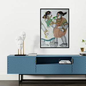 'Village Women With Parrot 1 (Two Women with Parrot)' painting by Bhawandla Narahari shown on a wall in a furnished room.