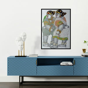 'Village Women With Parrot 2 (Folk Art Duo)' painting by Bhawandla Narahari shown on a wall in a furnished room.