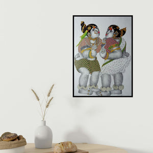 Bhawandla Narahari's 'Village Women With Parrot 3 (A Friendly Chat)' painting visualized above a sofa in a contemporary room.