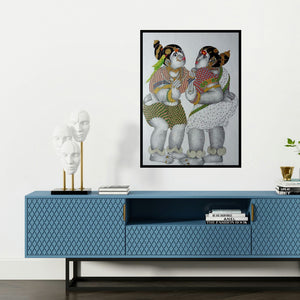 'Village Women With Parrot 3 (A Friendly Chat)' painting by Bhawandla Narahari shown on a wall in a furnished room.