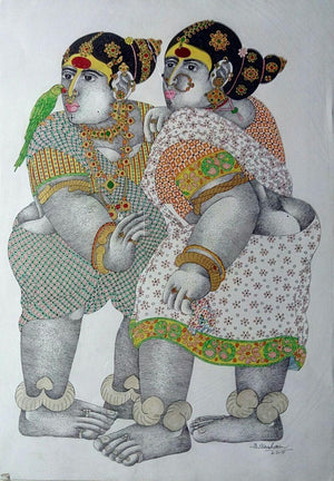 Figurative acrylic painting titled 'Village Women with Parrot 2', 30x22 inches, by artist Bhawandla Narahari on Paper