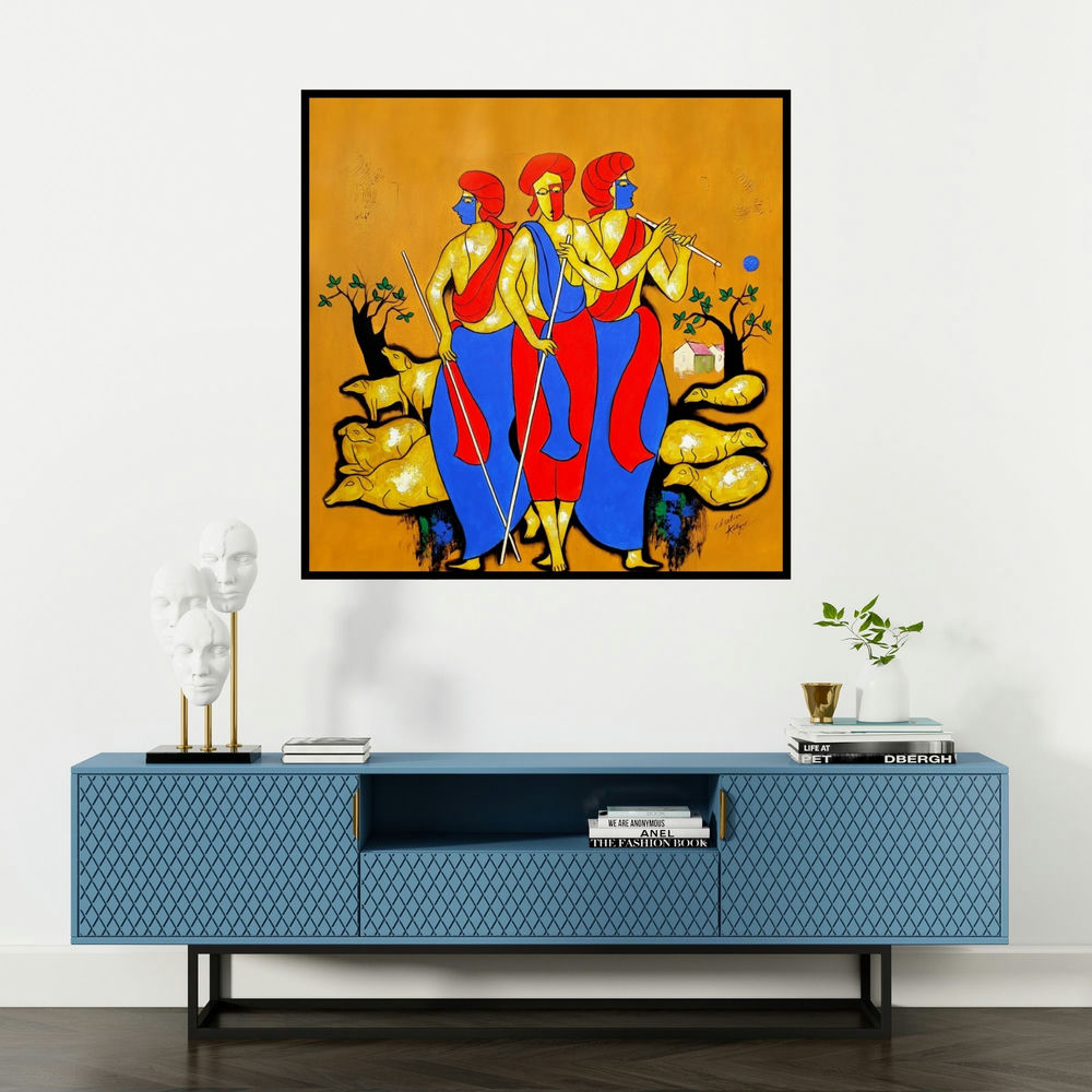 'Villager' painting by Chetan Katigar shown on a wall in a furnished room.