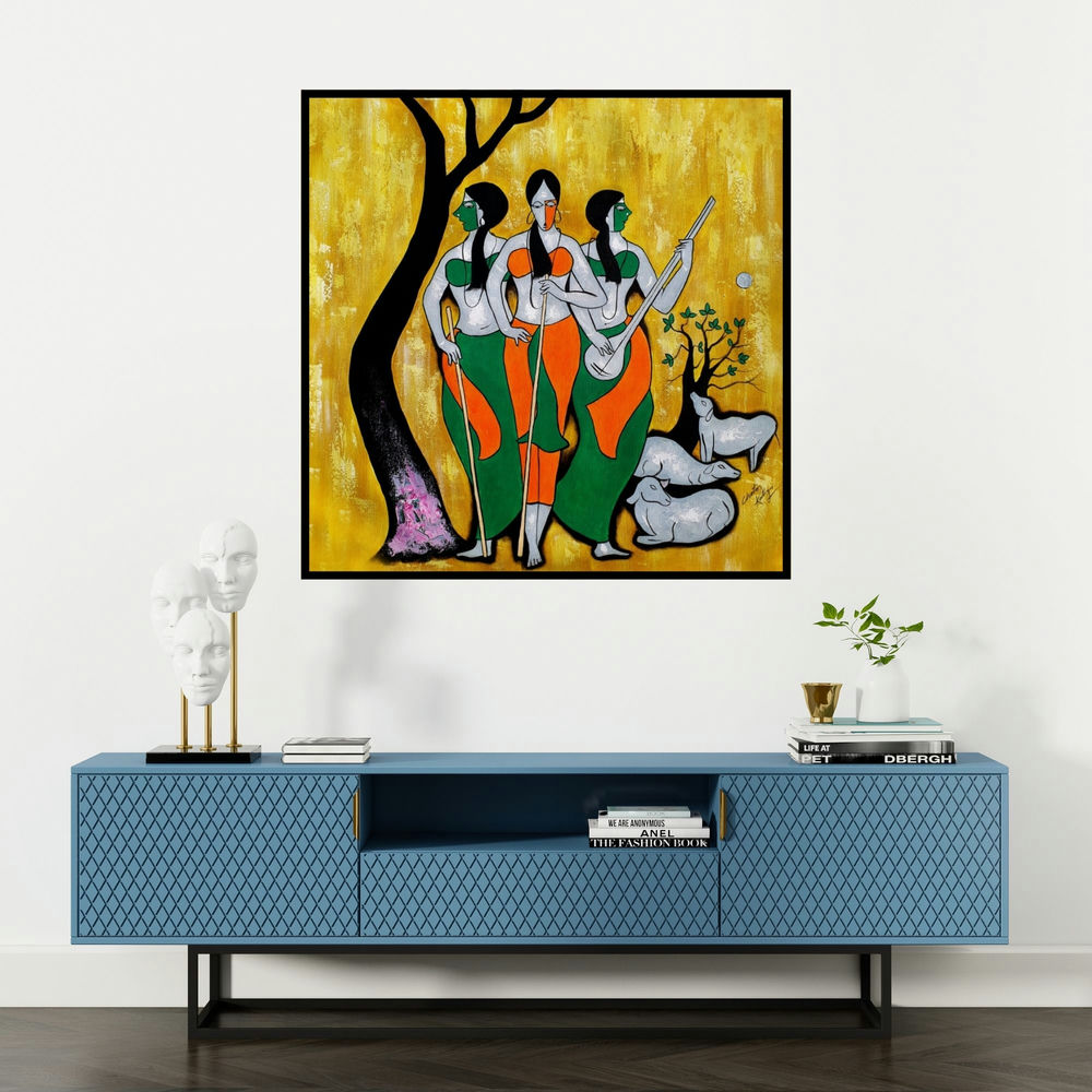 'Villager 2' painting by Chetan Katigar shown on a wall in a furnished room.
