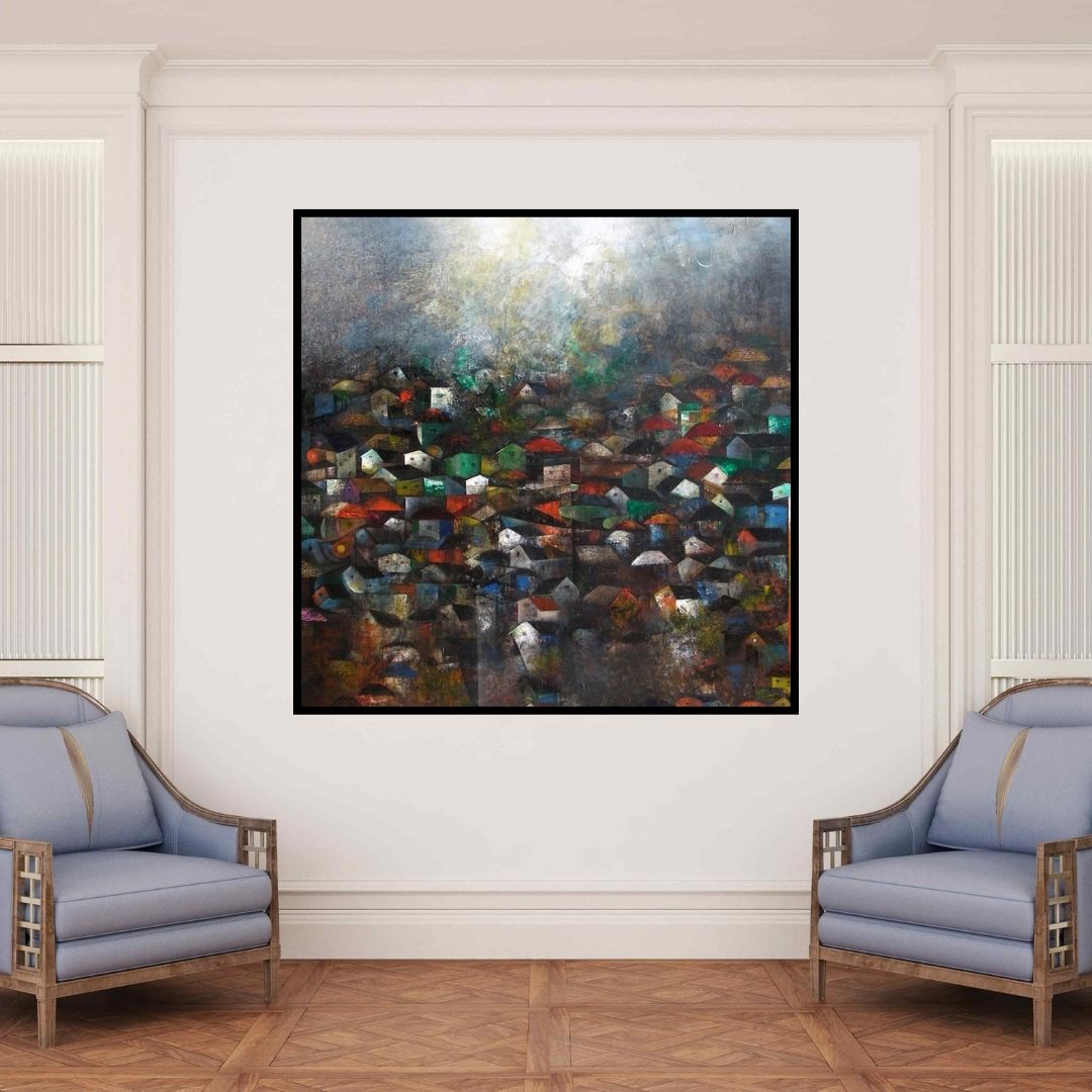 In-situ view of M Singh's 'The Villages' painting in a room