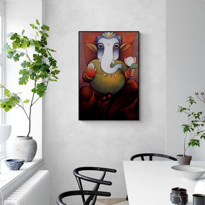 Preview of 'Vinayaka (Gentle Grace)' Painting by Ram Onkar shown on a wall in a furnished room.