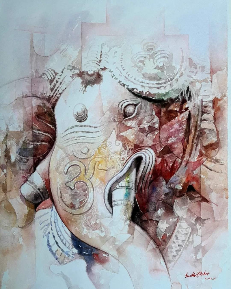 'Vinayaka' religious watercolor painting by artist Sudhir Meher, 30x22 inch, on paper