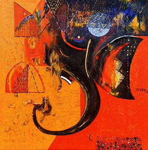 Vinayaka (Ganesha The Remover of Obstacles) by Vivek Nimbolkar, Original Acrylic Religious Painting on Canvas, Small Square Wall Art