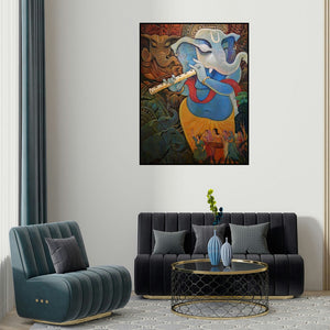 'Vinayaka' painting by Subrata Ghosh shown on a wall in a furnished room.