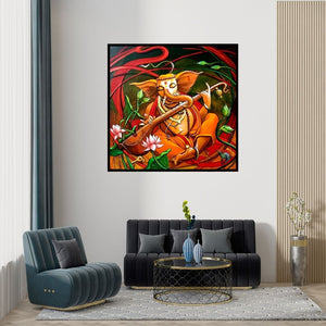 Preview of 'Vinayakam (Ganesha Musical Muse)' Painting by Manoj Das shown on a wall in a furnished room.