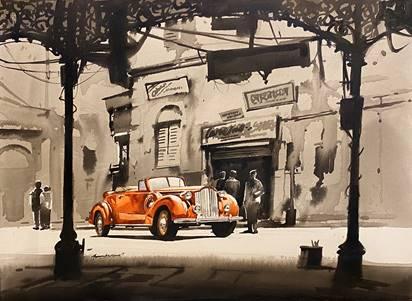 Cityscape acrylic painting titled 'Vintage Car in Calcutta', 30x40 inches, by artist Arpan Bhowmik on Canvas