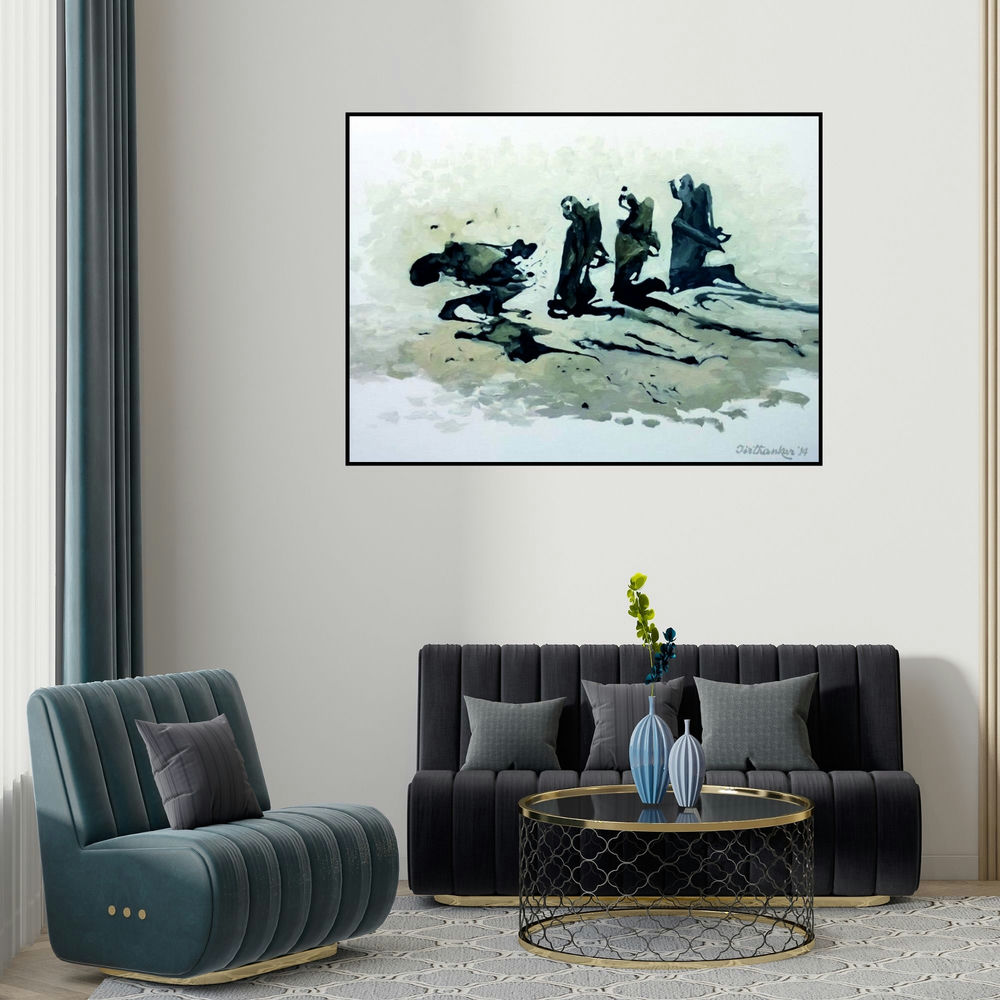'Violence For Peace (Three Figures)' painting by Tirthankar Biswas shown on a wall in a furnished room.