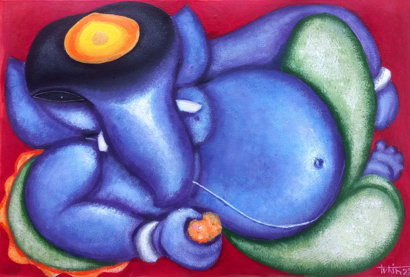 Violet Ganesha' religious acrylic painting by artist Tuhin Rakshit, 15x22 inch, on acid free paper