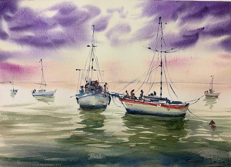 Landscape watercolor painting titled 'Violet Sky', 11x15 inches, by artist KS Farvez on Paper