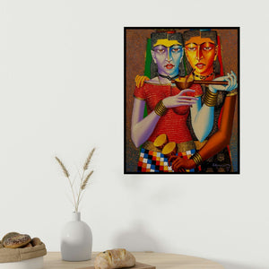 Dayanand Kamakar's 'Violin Sellers' painting visualized above a sofa in a contemporary room.