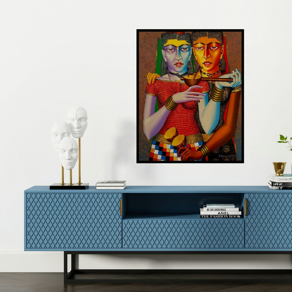 'Violin Sellers' painting by Dayanand Kamakar shown on a wall in a furnished room.