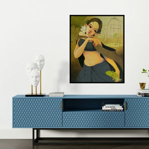 'Virah' painting by Renuka Fulsoundar shown on a wall in a furnished room.