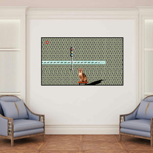 'Viral Message (The Observer)' painting by Amarnath Sharma shown on a wall in a furnished room.