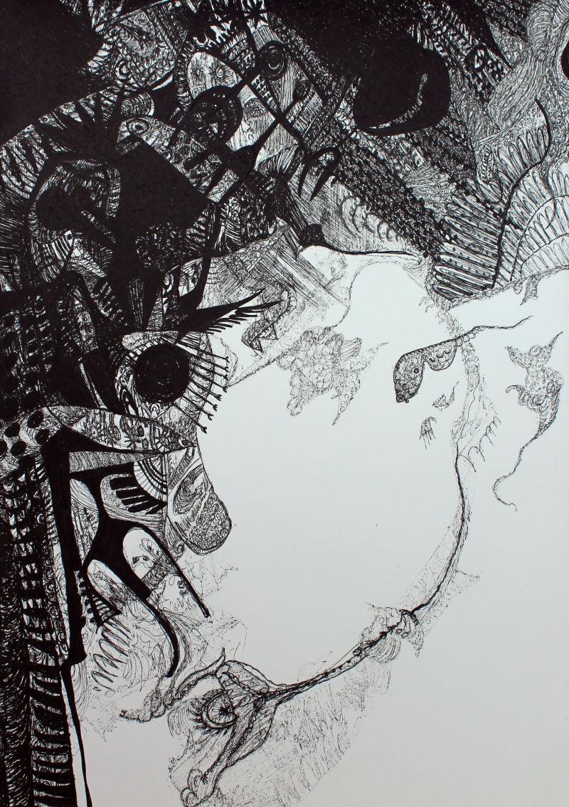 contemporary pen drawing titled 'Virtual Domain', 17x12 inches, by artist Rachana Shah on Brustro Paper