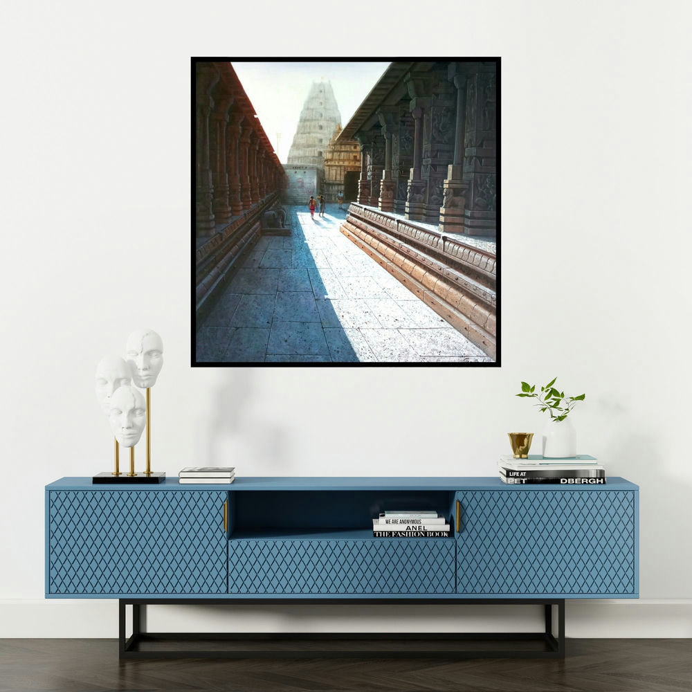 'Virupaksha Temple Hampi 1 (Temple Passage to Gopuram)' painting by Pravin Pasare shown on a wall in a furnished room.