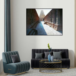 'Virupaksha Temple Hampi 3 (Vijayanagara Temple Corridor)' painting by Pravin Pasare shown on a wall in a furnished room.