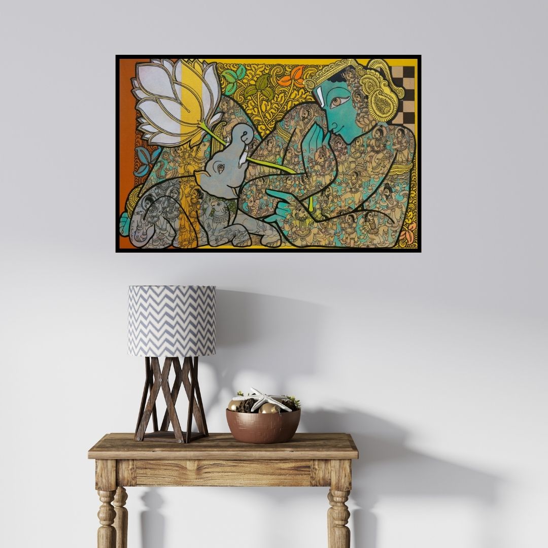 In-situ view of Ramesh Gorjala's 'Vishnu (Ganesha and Krishna: A Divine Union)' painting in a room