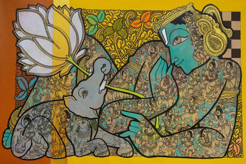 Religious acrylic painting titled 'Vishnu', 24x36 inches, by artist Ramesh Gorjala on canvas