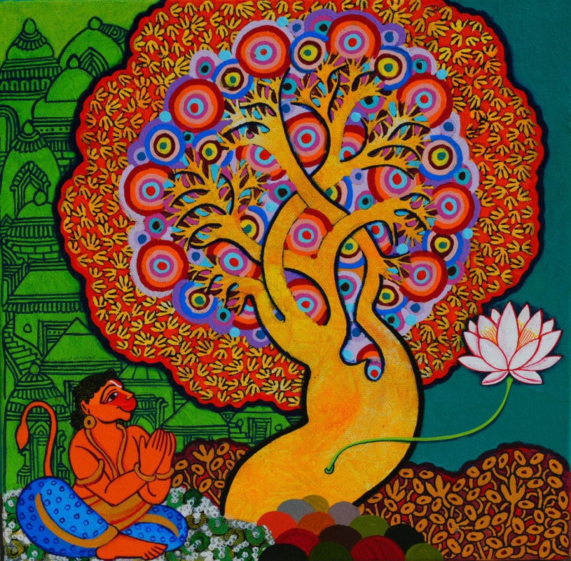 Vishnu 2' religious acrylic painting by artist Chandra Morkonda, 12x12 inch, on canvas