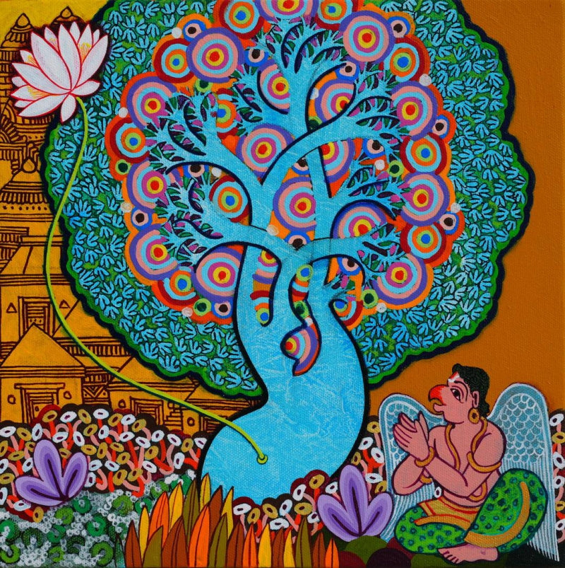 Vishnu 3' religious acrylic painting by artist Chandra Morkonda, 12x12 inch, on canvas
