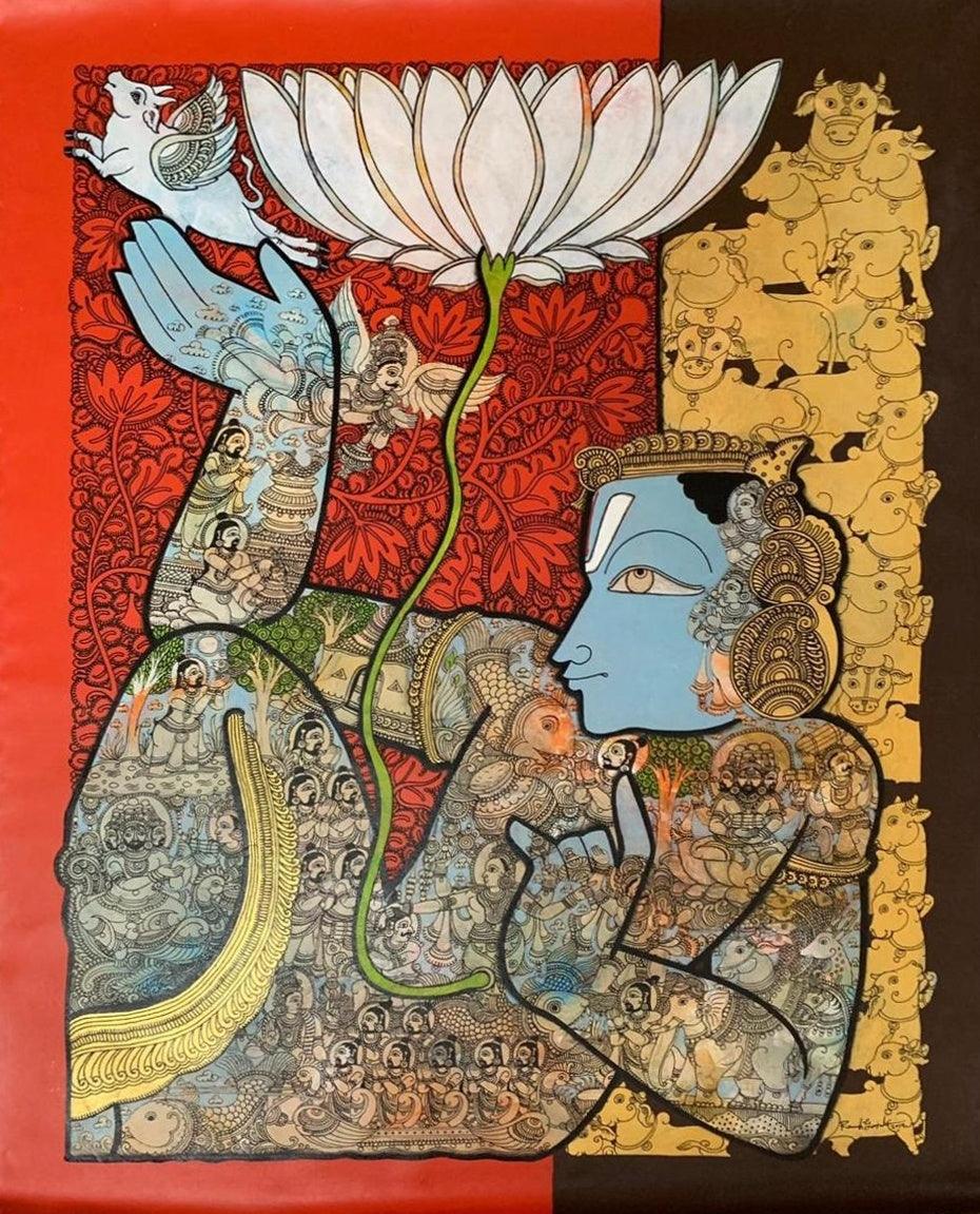 Religious acrylic painting titled 'Vishnu 7', 40x30 inches, by artist Ramesh Gorjala on Canvas